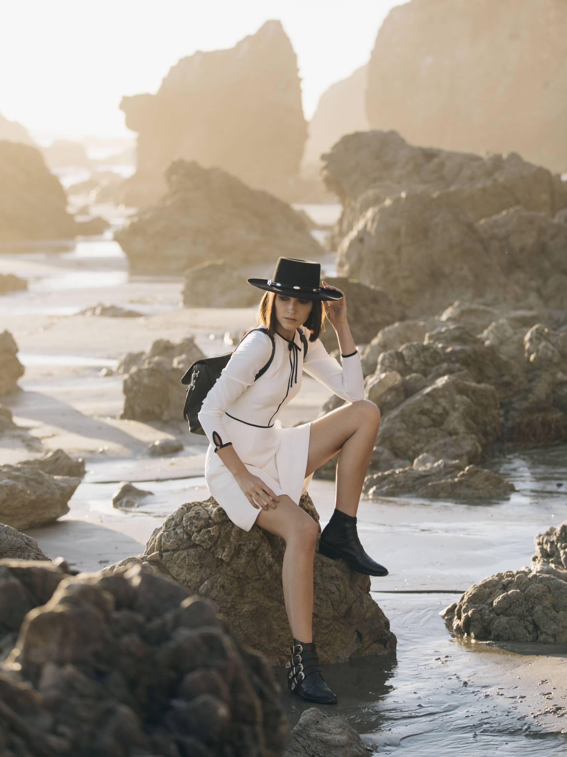 Sitting on the rocks, Ted Baker cowboy outfit - El Matador Beach, Malibu